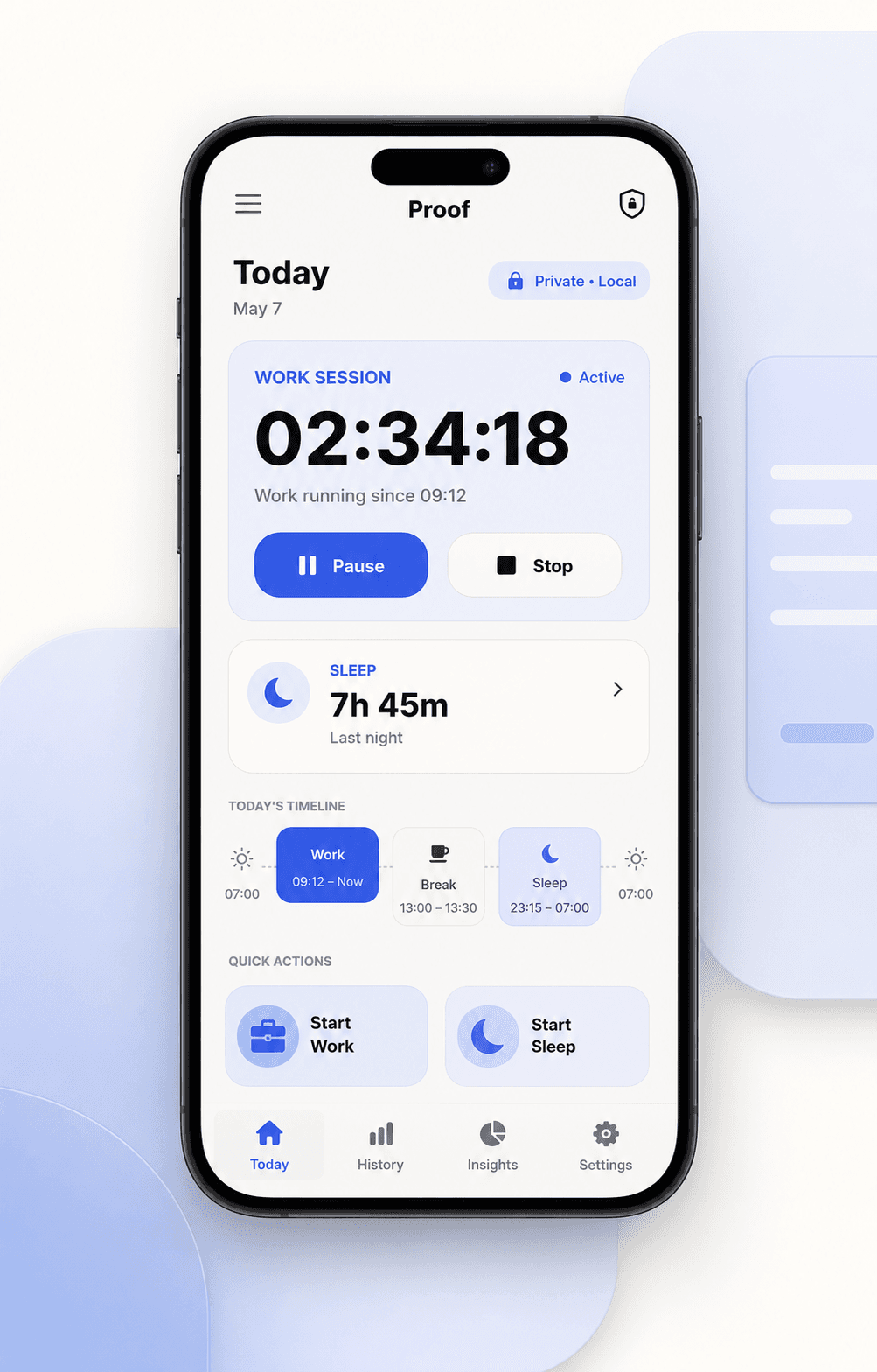 Dashboard do Proof mostrando registros de trabalho e sono no celular