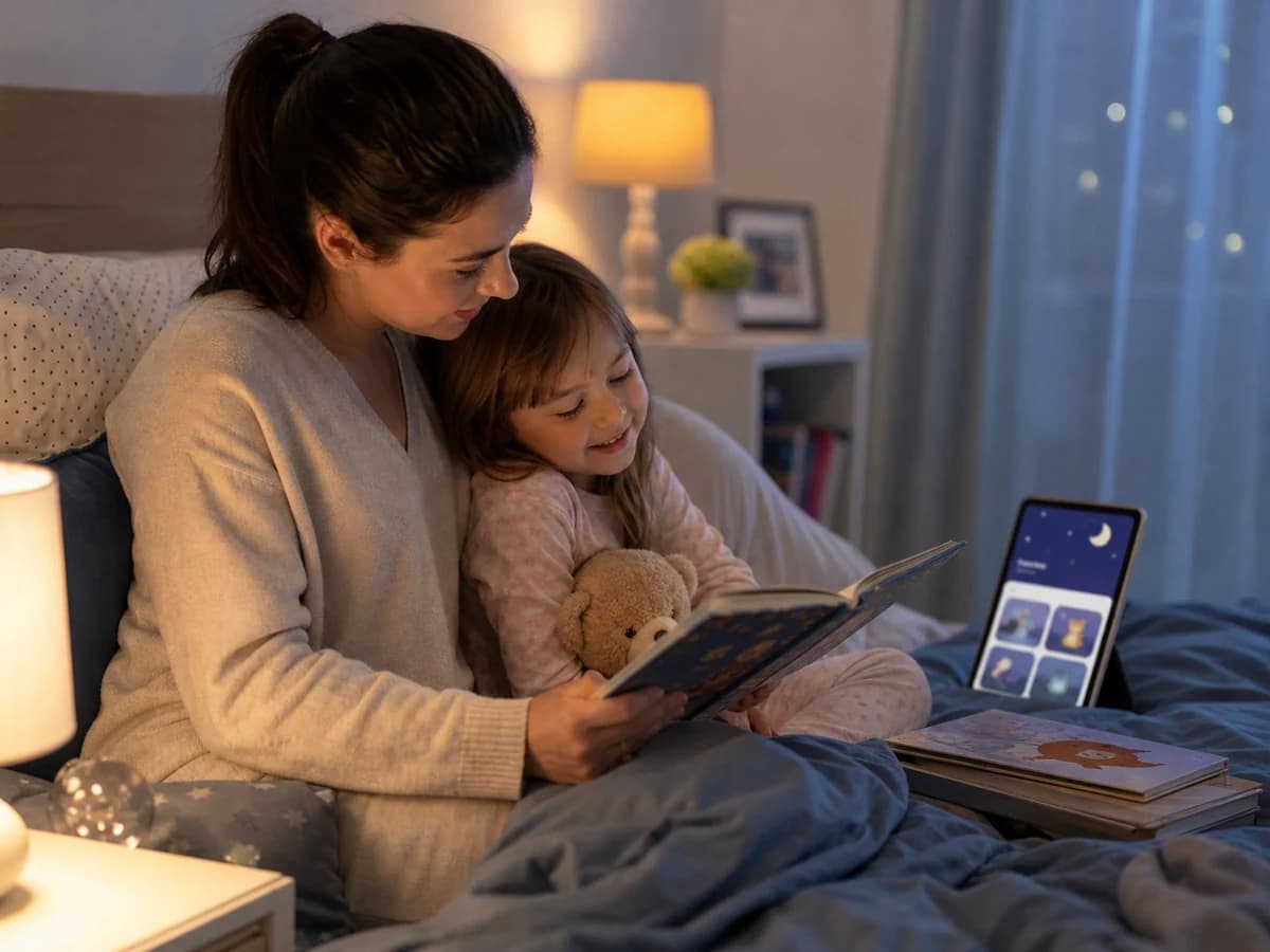 Parent and child reading a calm bedtime story with BrightBedtime open nearby