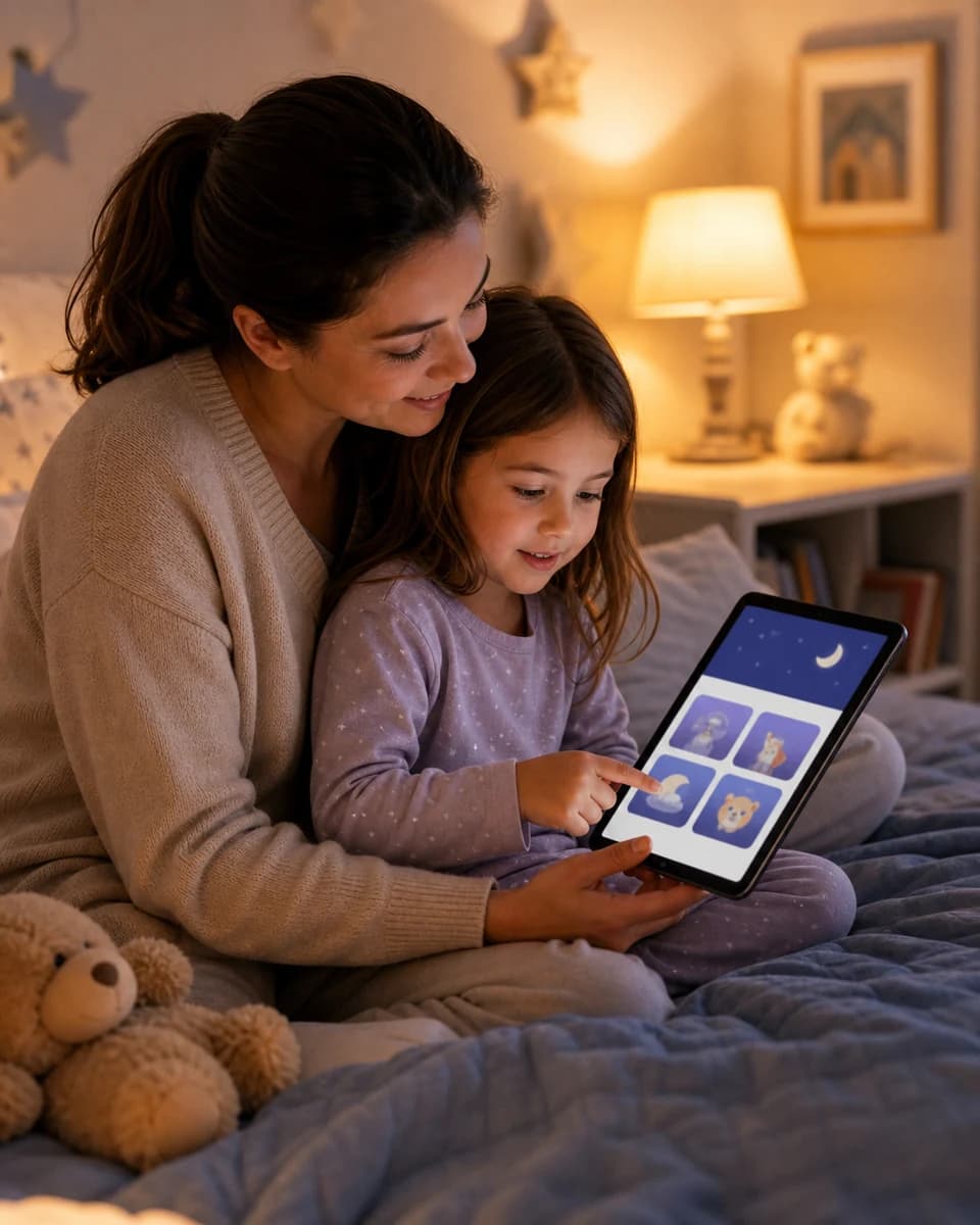 Parent and child choosing a BrightBedtime story together on a tablet