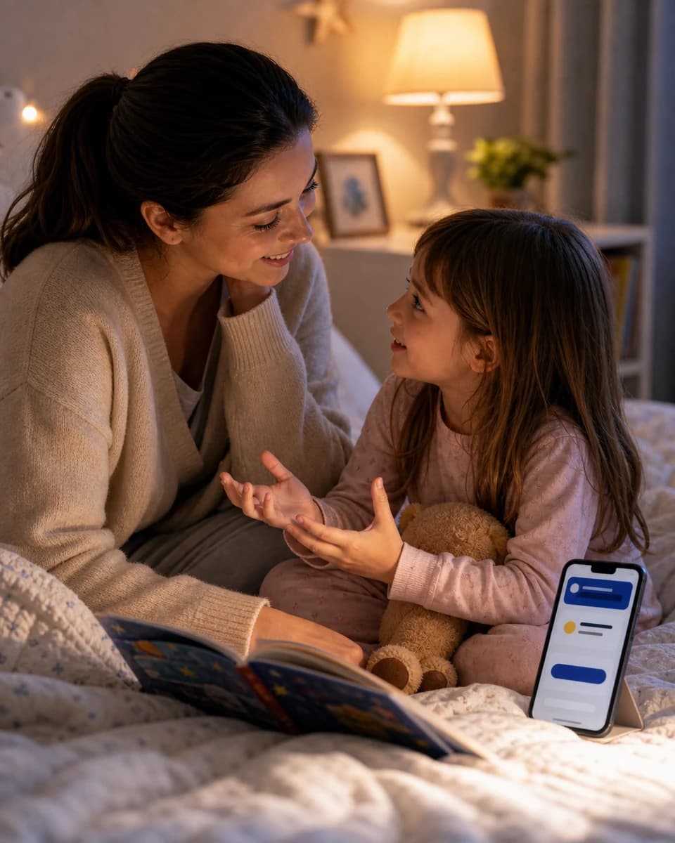 Parent and child sharing a thoughtful BrightBedtime question after a story