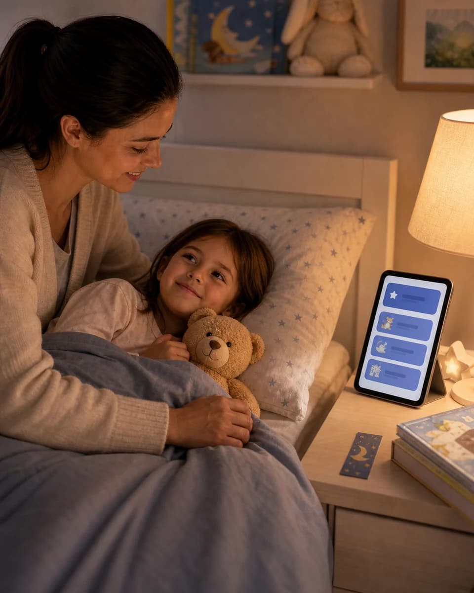 Parent tucking in a child while saved BrightBedtime stories are open nearby