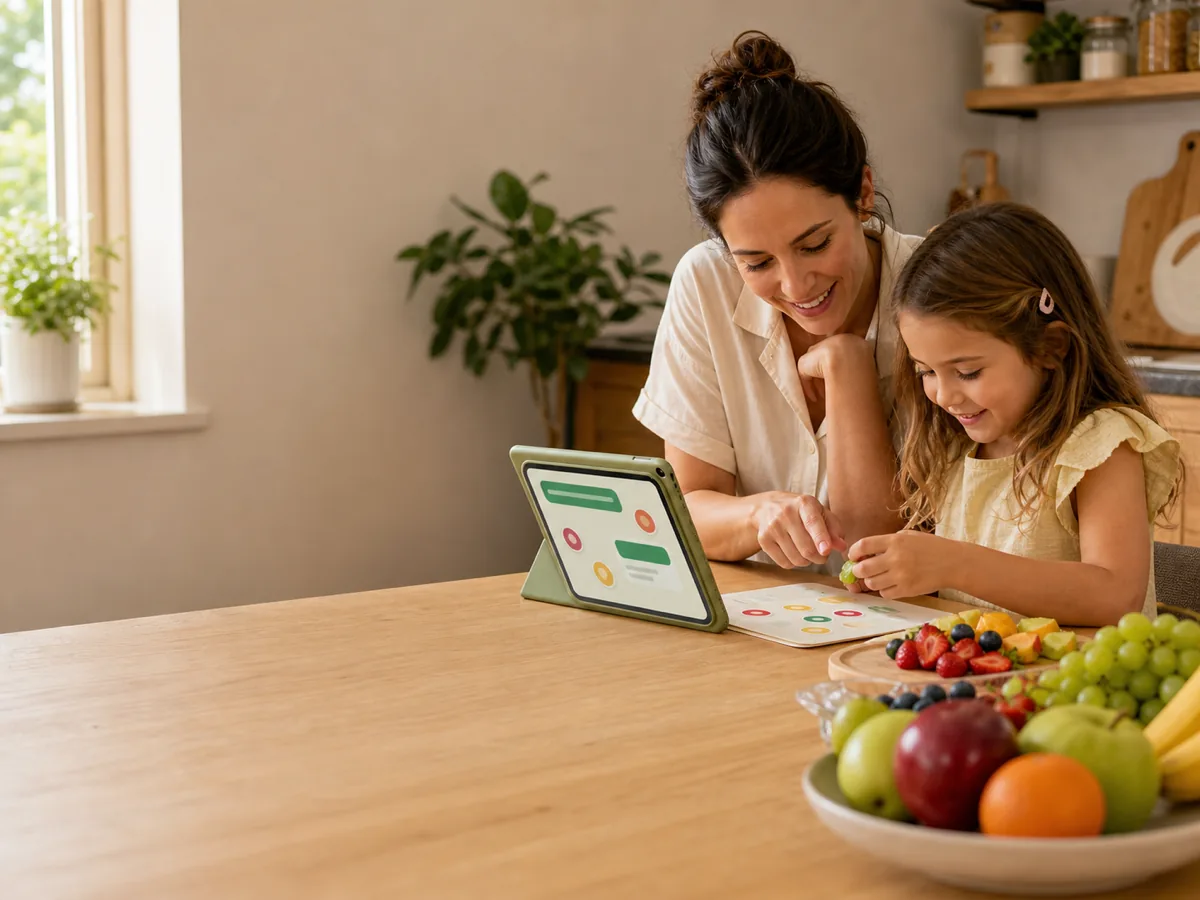 Parent and child planning a Fruit Day with fruit and FruitDay open on a tablet