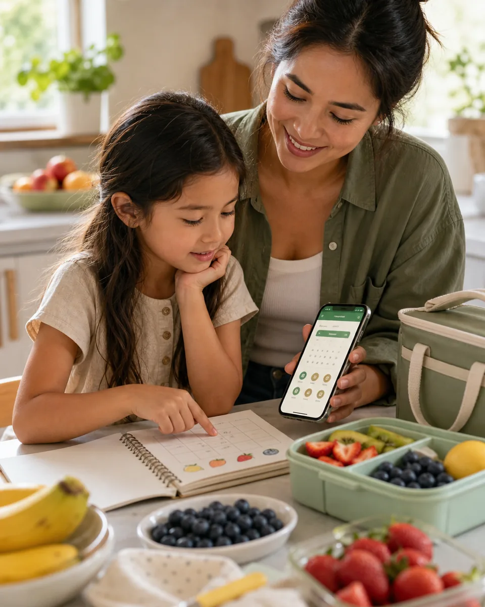 Caregiver and child planning Fruit Days for a lunchbox with fruit and the FruitDay app nearby