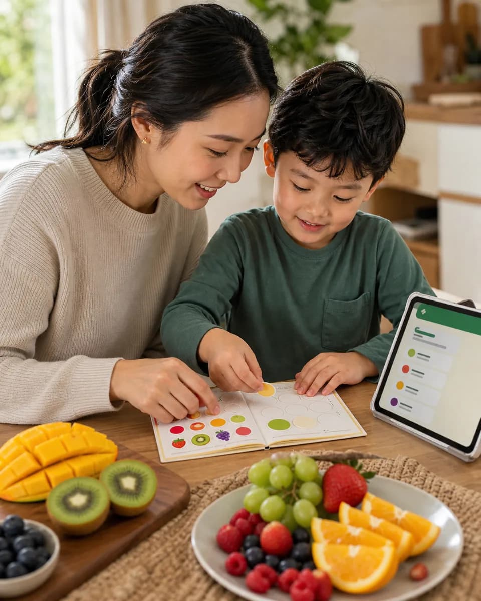 Caregiver and child adding colorful stickers to a fruit discovery passport with FruitDay nearby