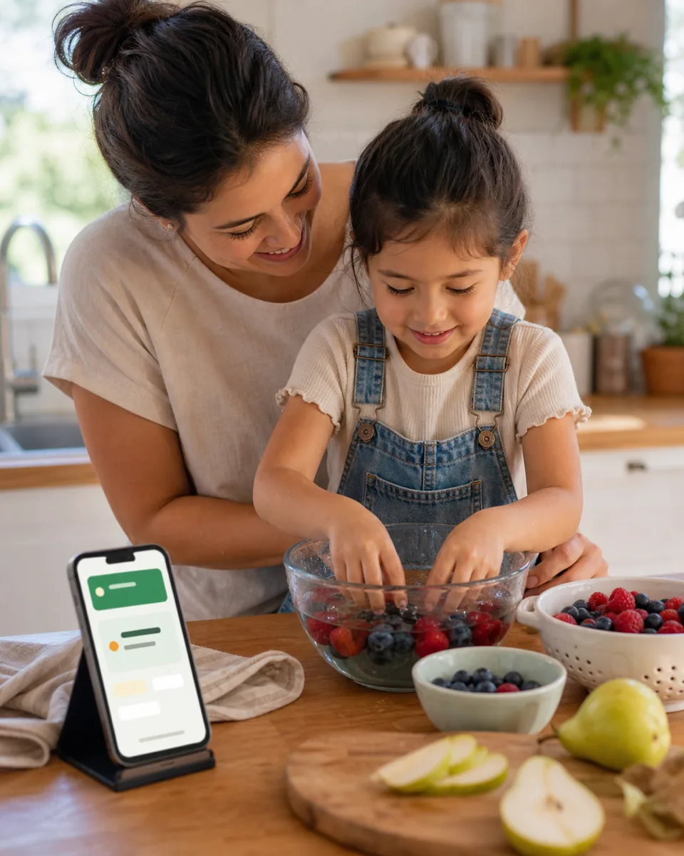 Caregiver supporting a child washing berries for a tiny FruitDay challenge
