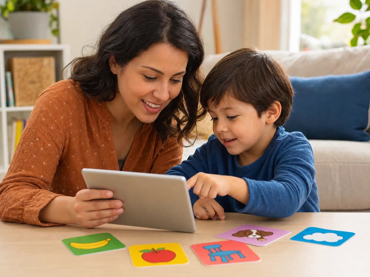 Parent and child practicing Spanish vocabulary together on a tablet at home