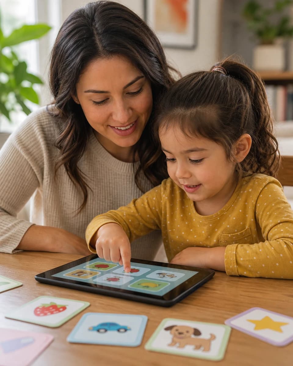 Child tapping a Spanish vocabulary card while a parent sits beside them