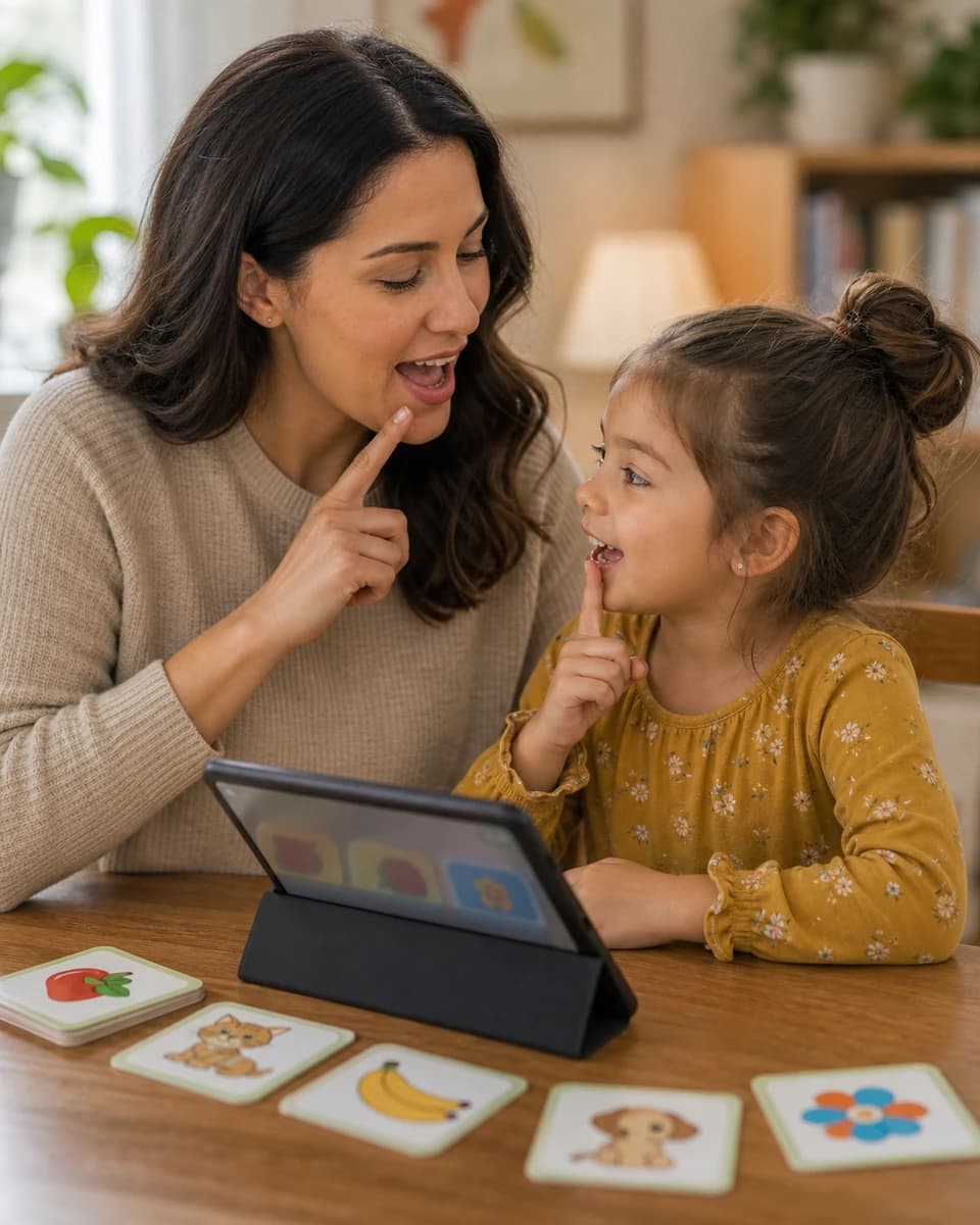 Parent and child repeating a Spanish word together during a calm home session