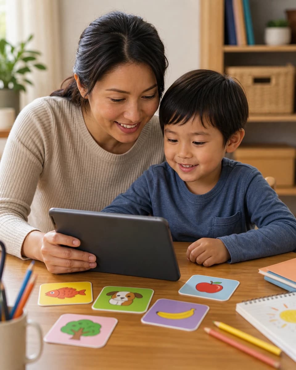 Parent and child reviewing favorite Spanish word cards on a tablet