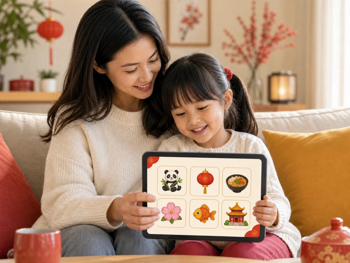 Parent and child practicing Mainland Mandarin vocabulary together on a tablet at home