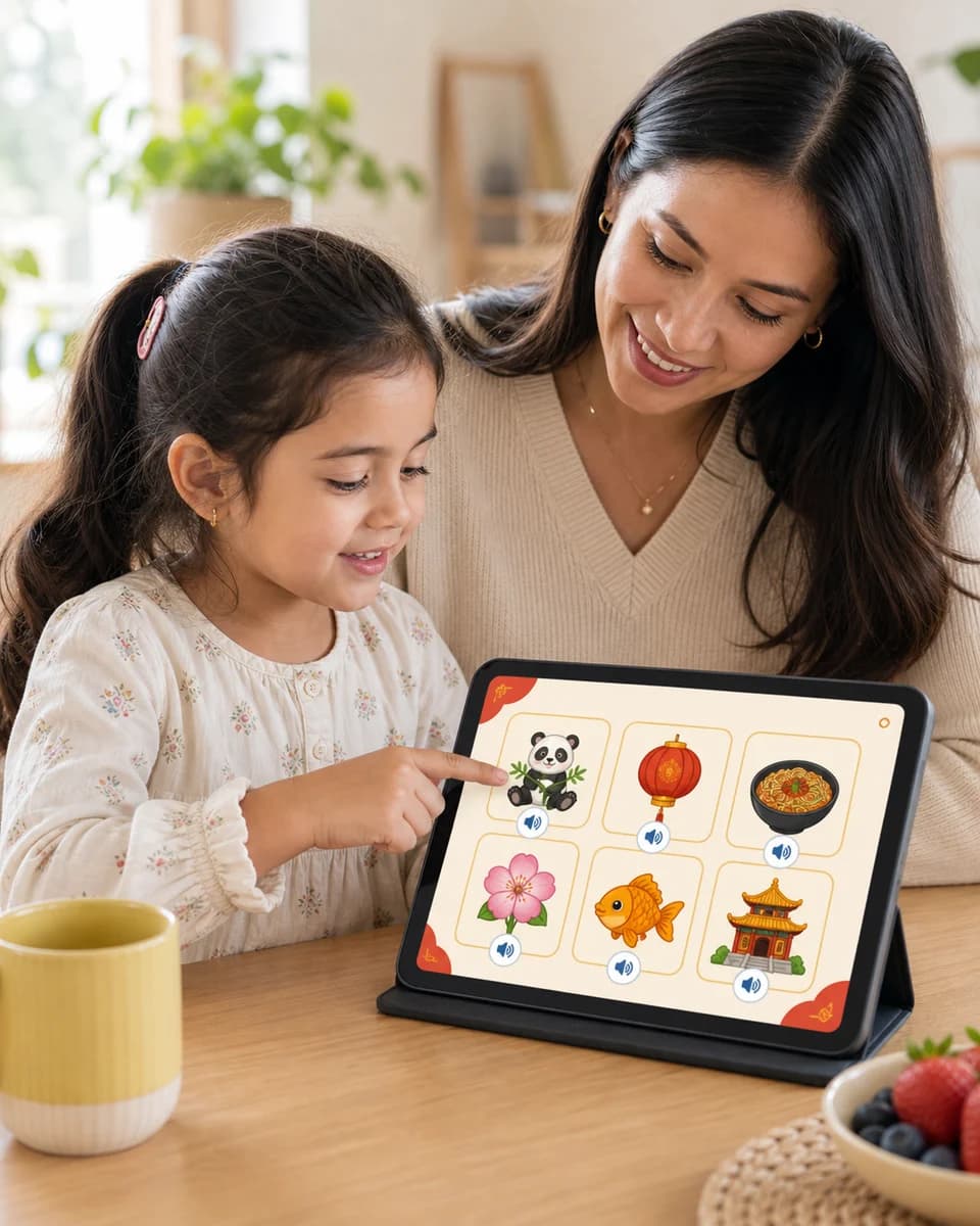Child tapping a Mainland Mandarin vocabulary card while a parent sits beside them