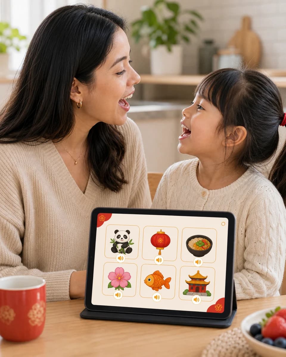 Parent and child repeating a Mainland Mandarin word together during a calm home session
