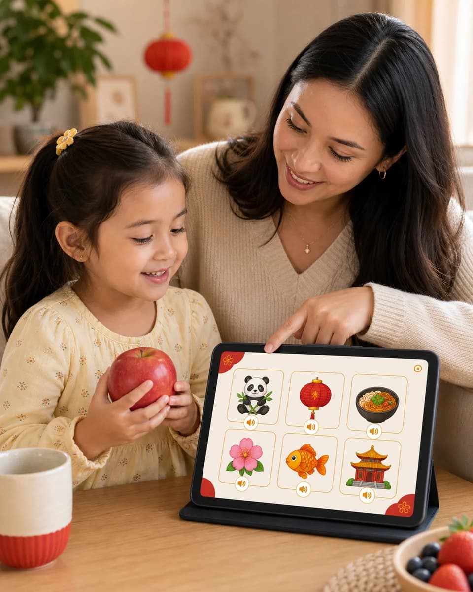 Parent and child reviewing favorite Mainland Mandarin word cards on a tablet