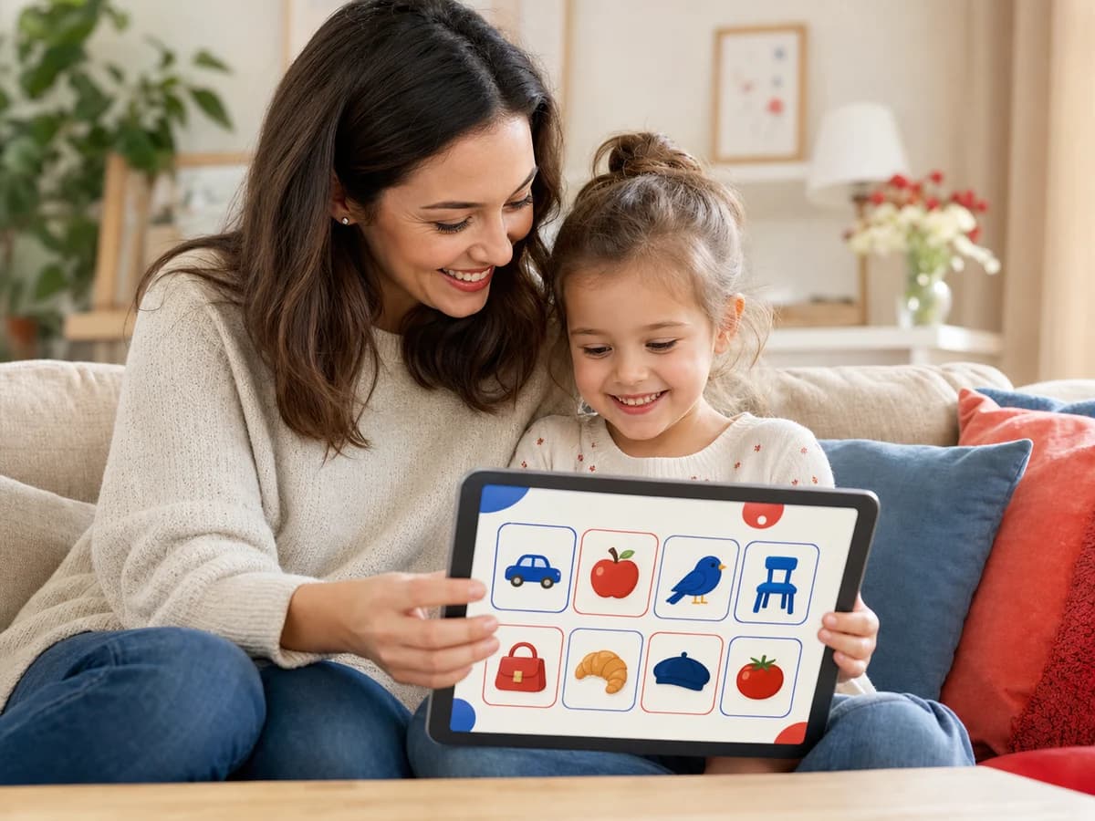 Parent and child practicing French vocabulary together on a tablet at home