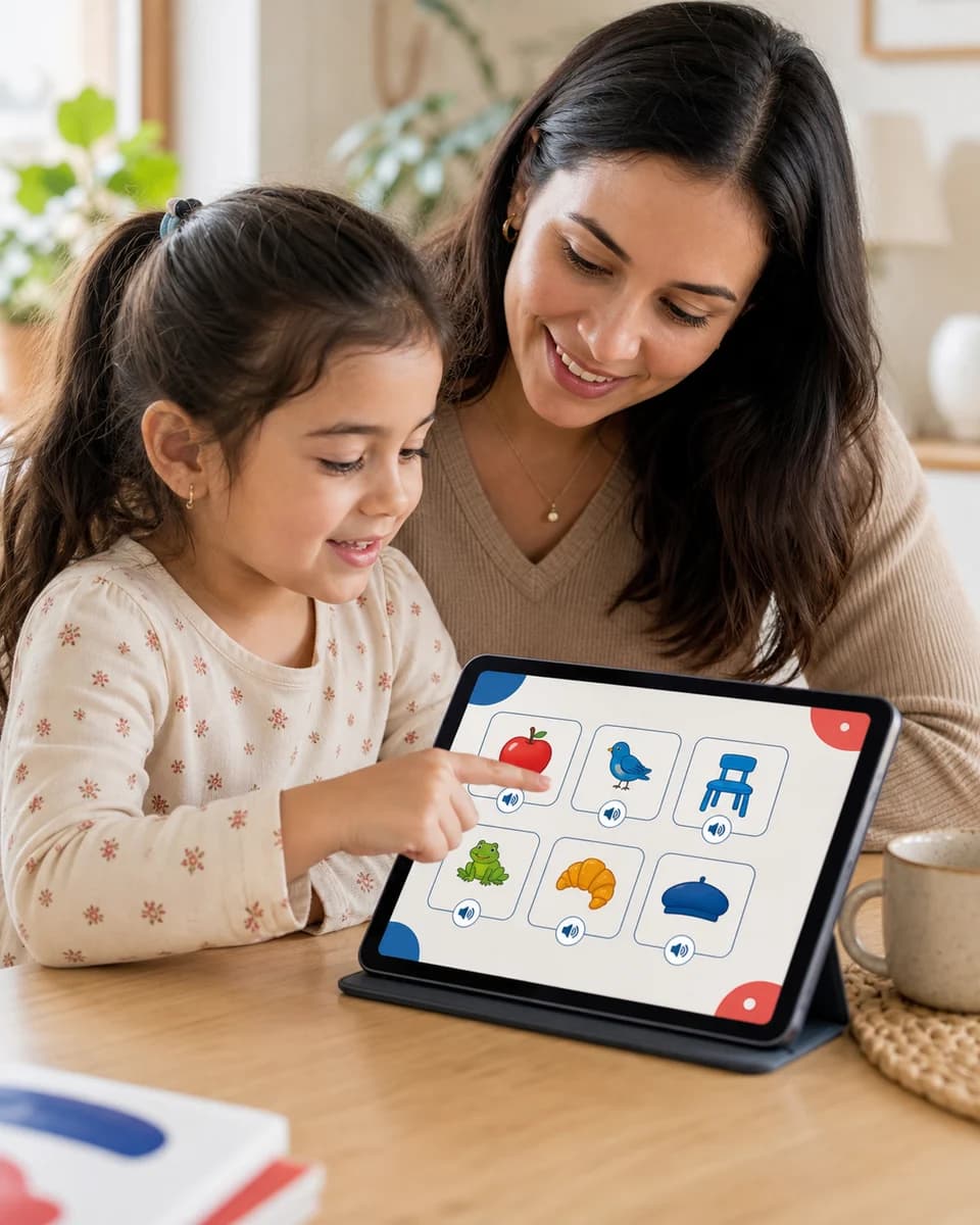 Child tapping a French vocabulary card while a parent sits beside them