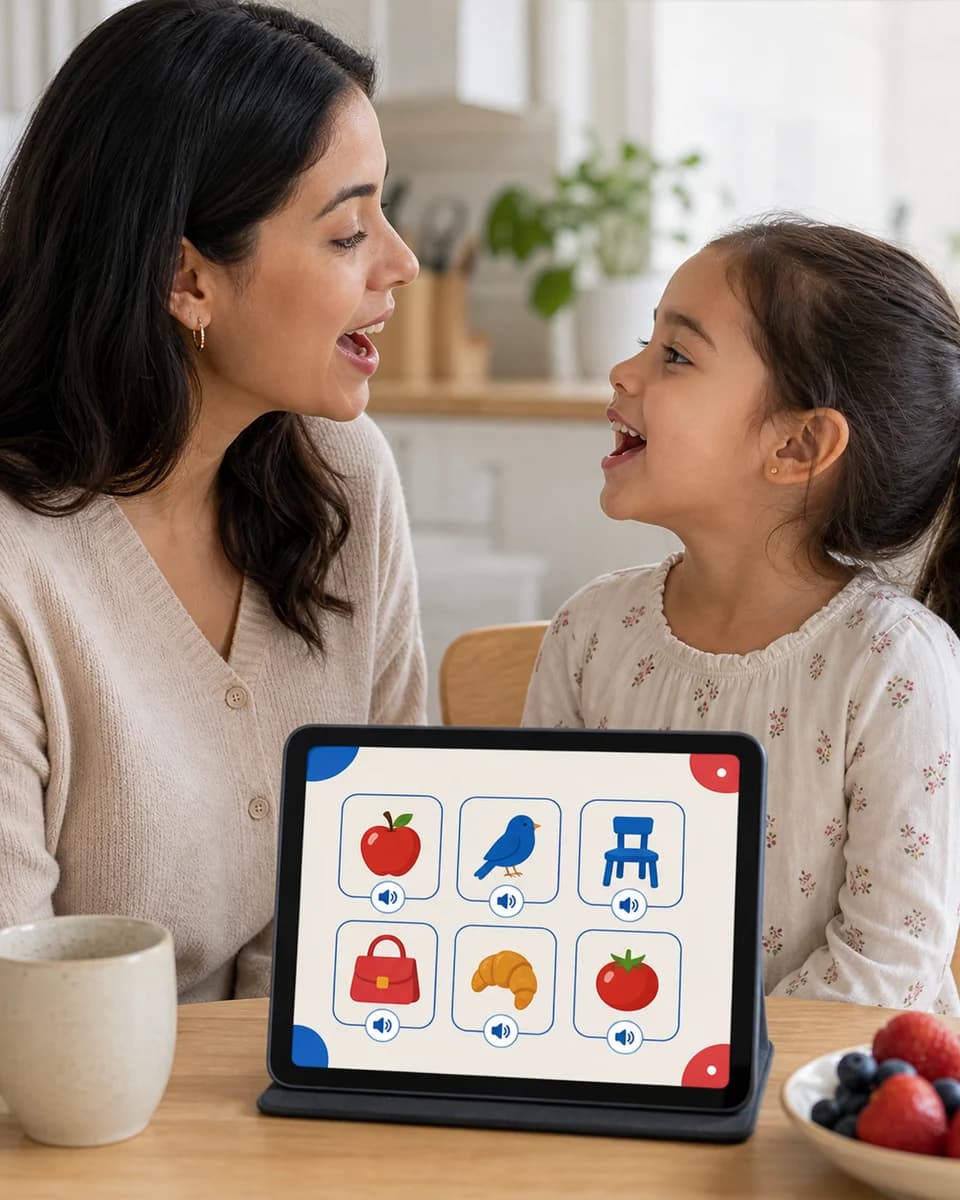 Parent and child repeating a French word together during a calm home session