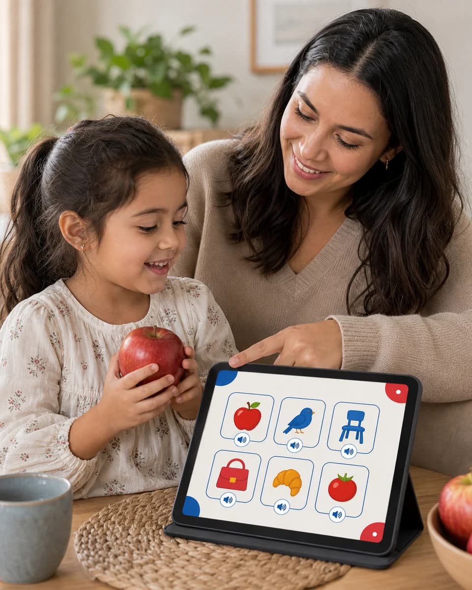 Parent and child reviewing favorite French word cards on a tablet