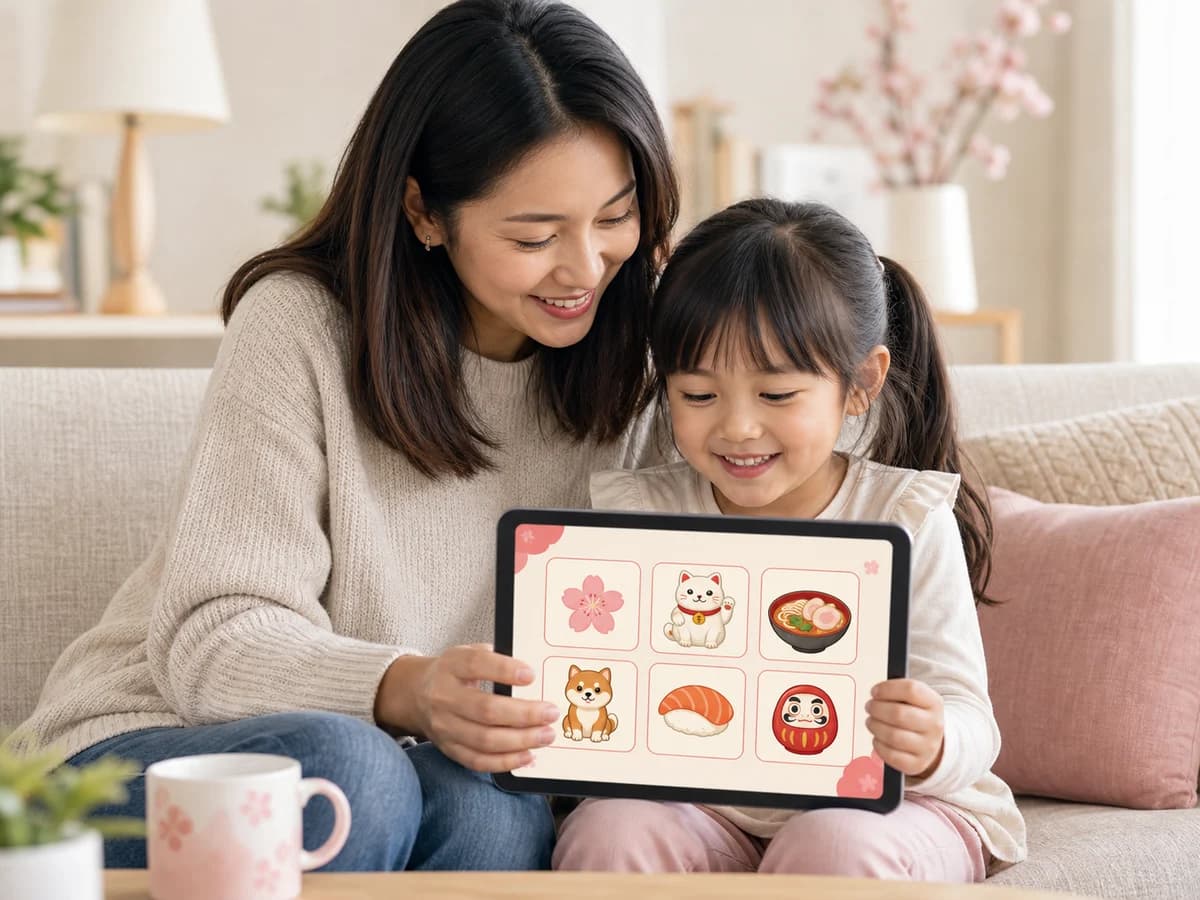 Parent and child practicing Japanese vocabulary together on a tablet at home