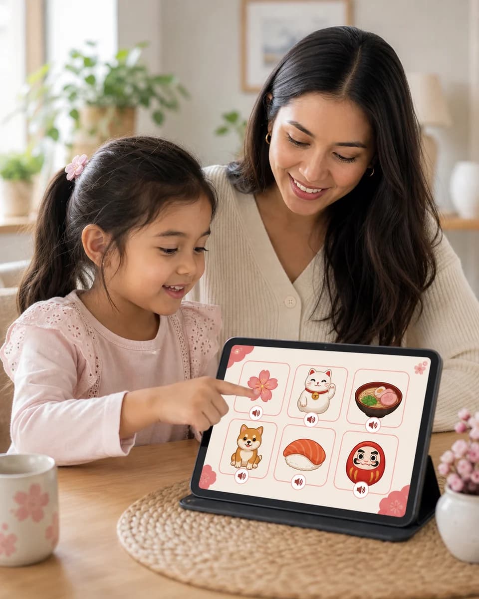 Child tapping a Japanese vocabulary card while a parent sits beside them