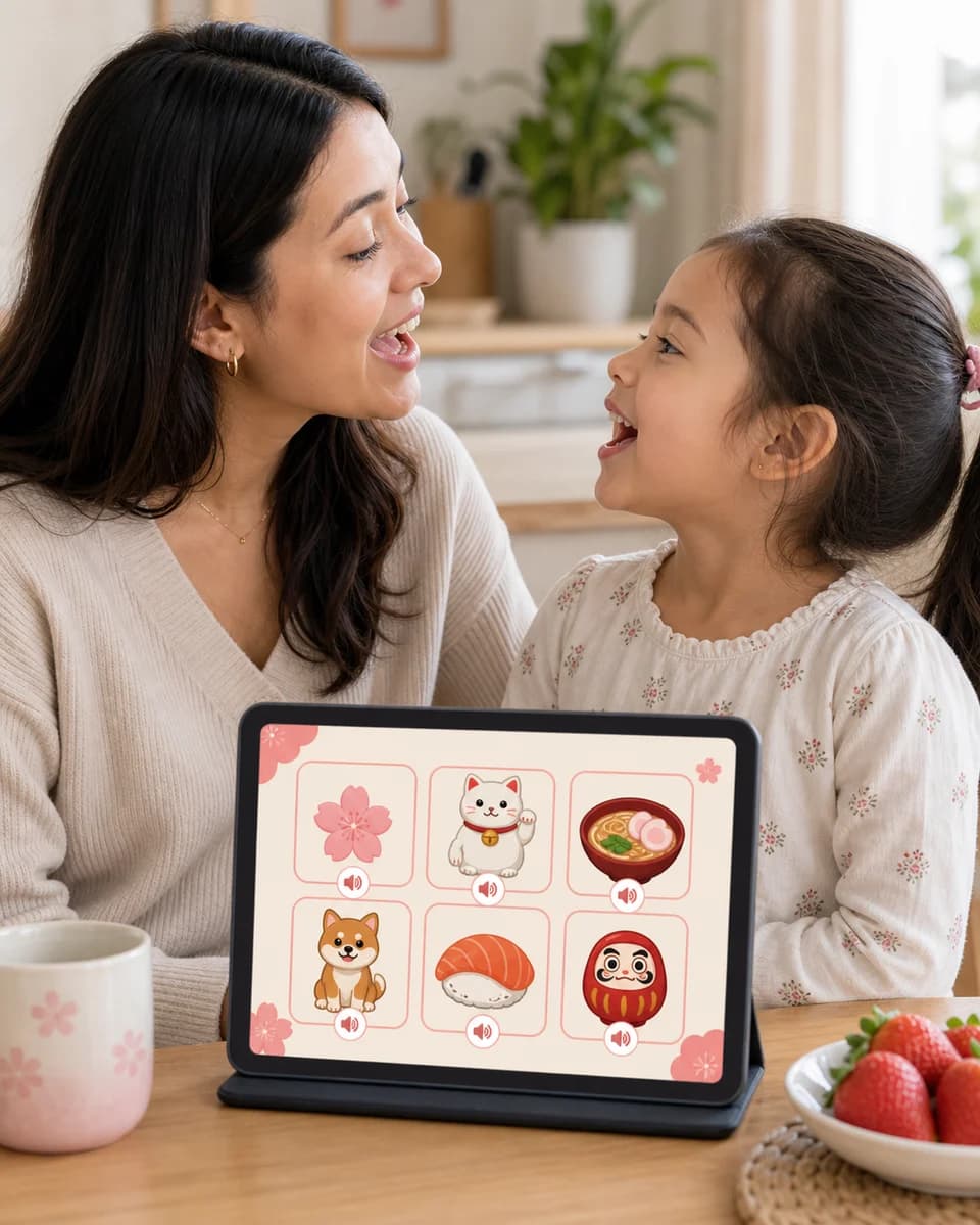 Parent and child repeating a Japanese word together during a calm home session