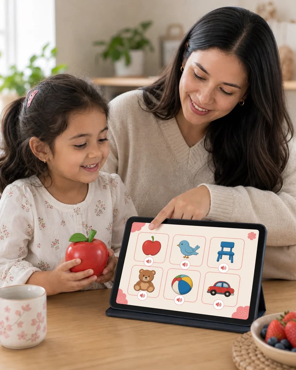 Parent and child reviewing favorite Japanese word cards on a tablet