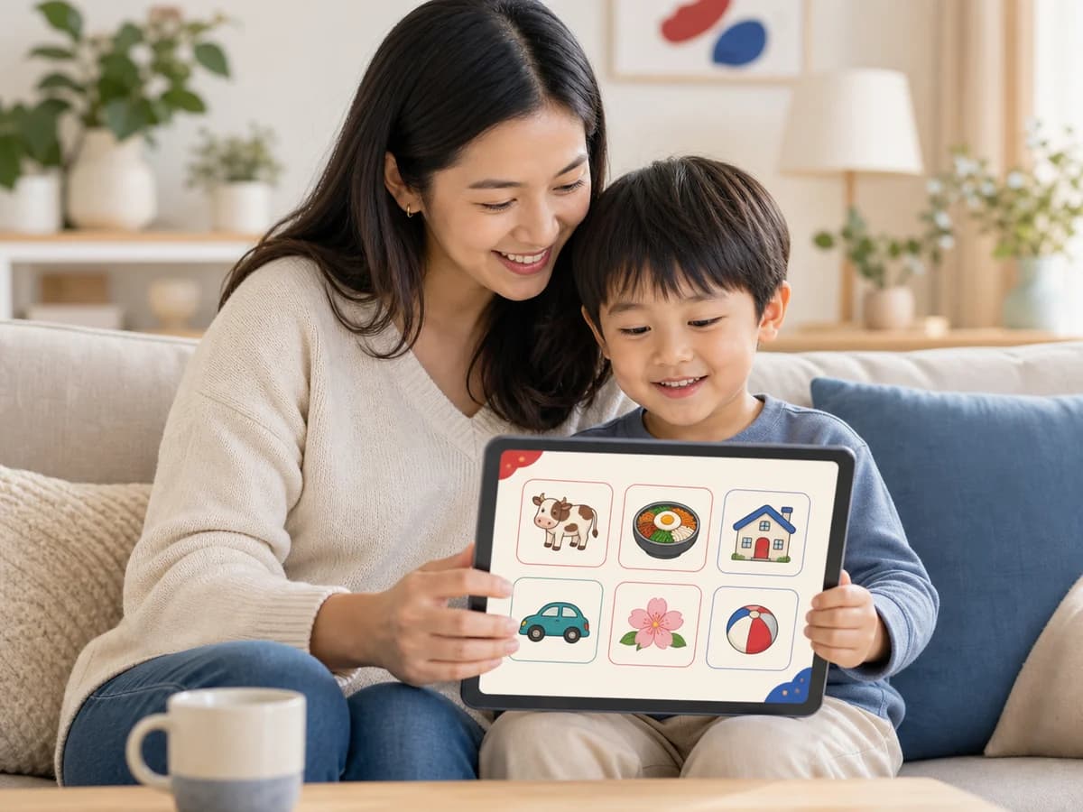 Parent and child practicing Korean vocabulary together on a tablet at home