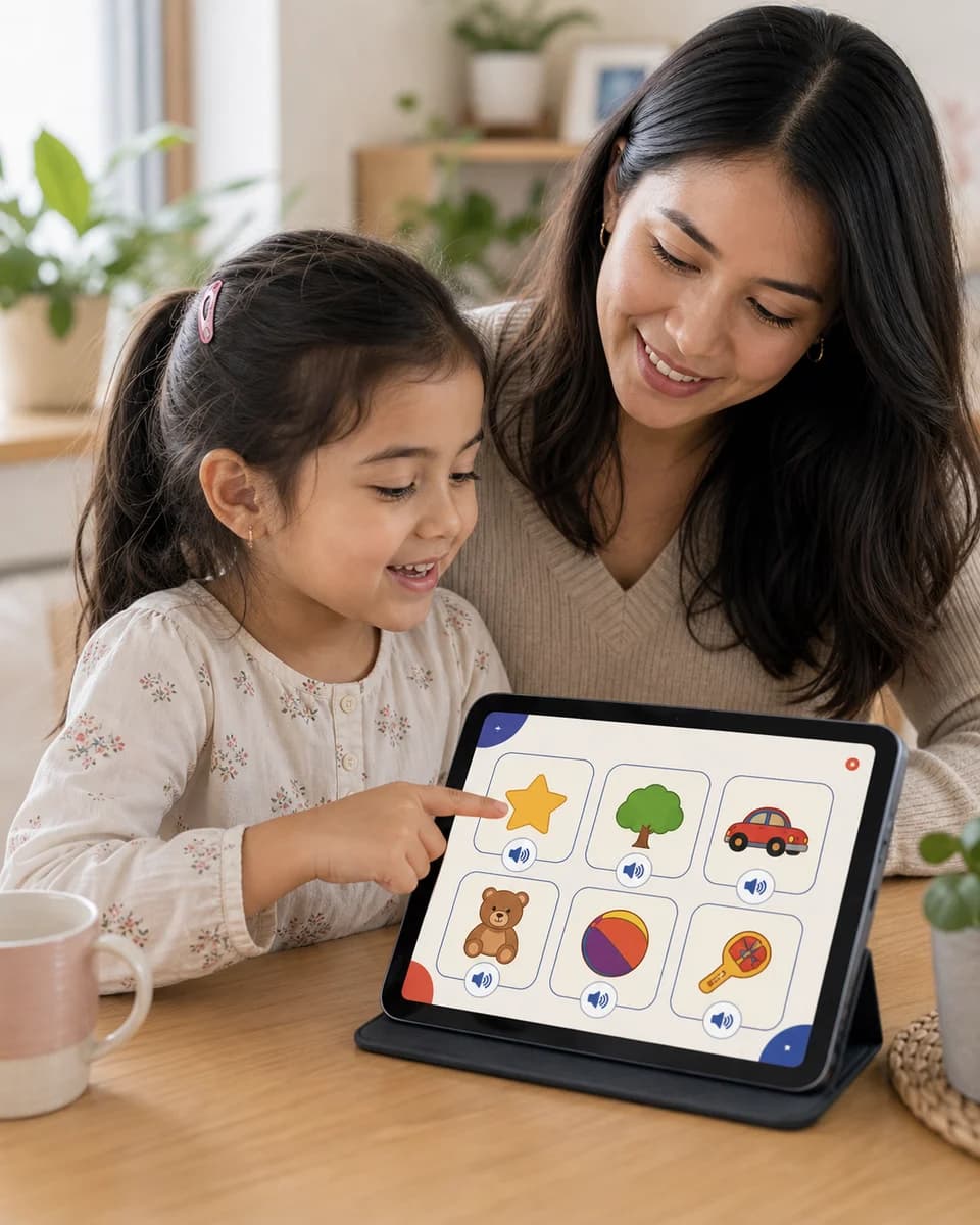 Child tapping a Korean vocabulary card while a parent sits beside them