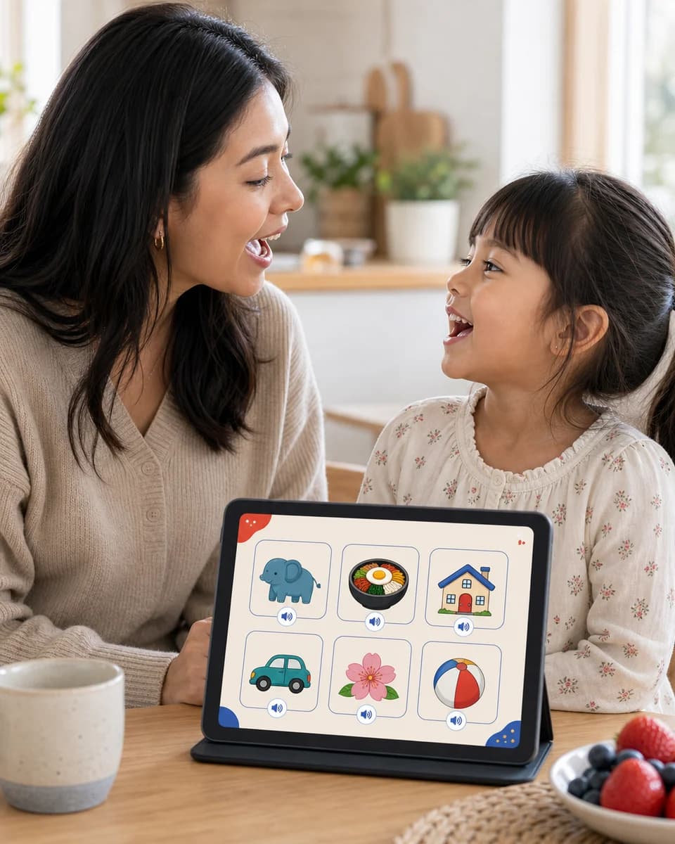 Parent and child repeating a Korean word together during a calm home session