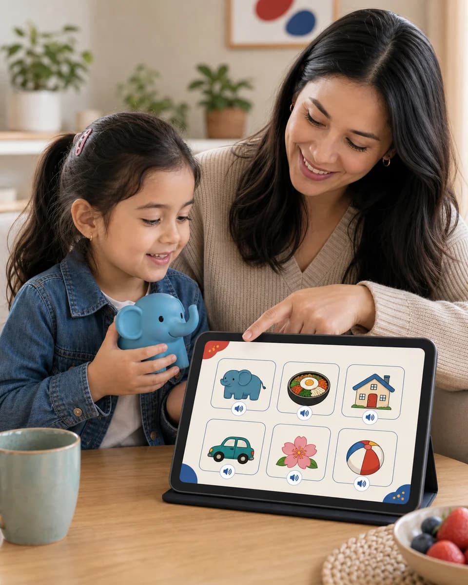 Parent and child reviewing favorite Korean word cards on a tablet