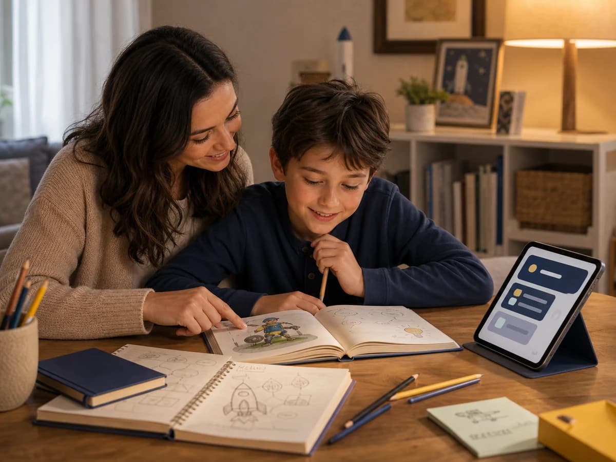 Parent and child reading and sketching ideas together with Little Founders open nearby