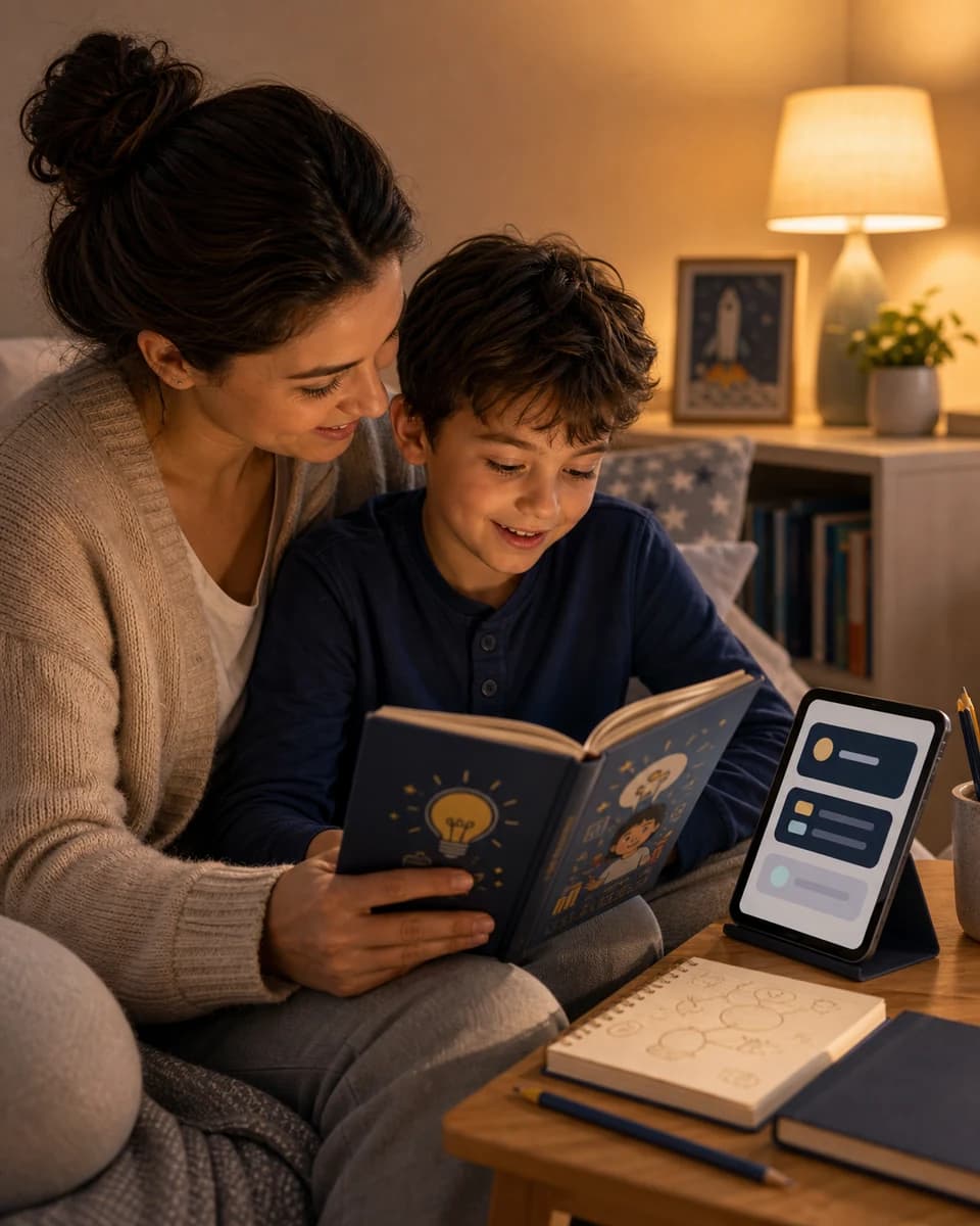 Parent and child reading a Little Founders story together in a cozy room
