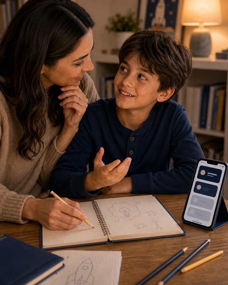Parent and child discussing a Little Founders reflection question beside a notebook
