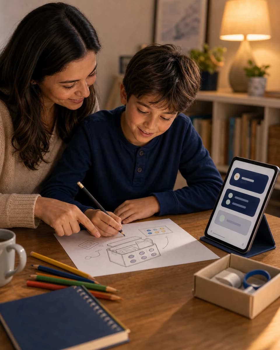 Child sketching a small useful idea while a parent guides the Little Founders mission