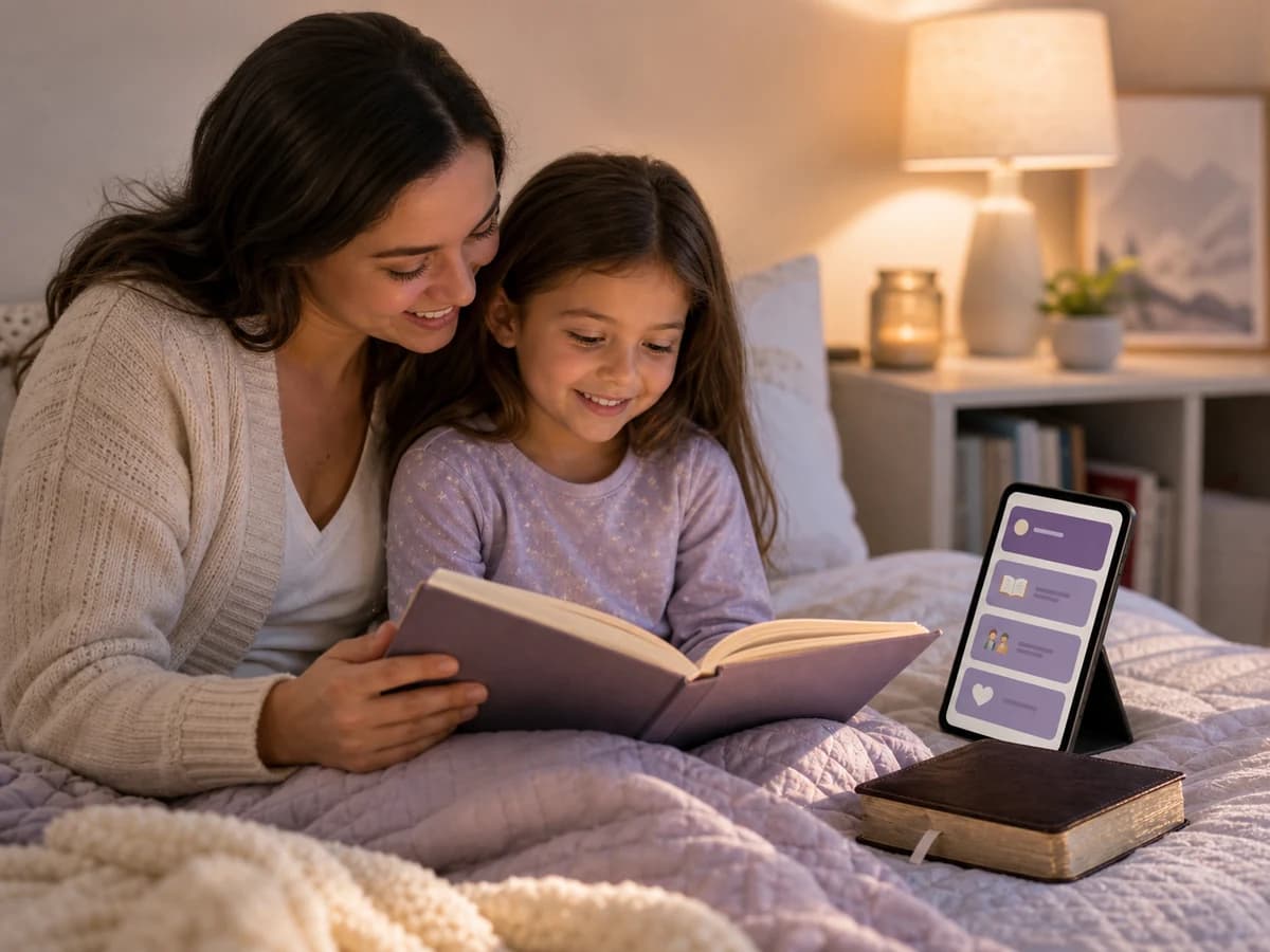 Parent and child reading a gentle Bible bedtime story with Little Lights open nearby