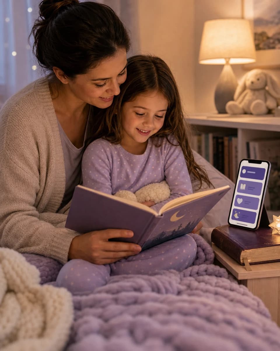 Parent and child reading a hopeful Bible bedtime story with Little Lights nearby
