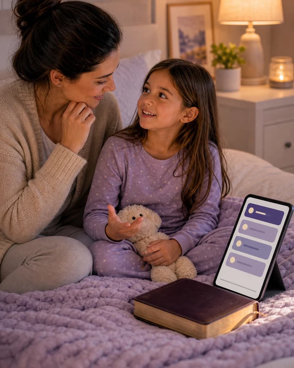 Parent and child talking through a Little Lights Bible question after reading