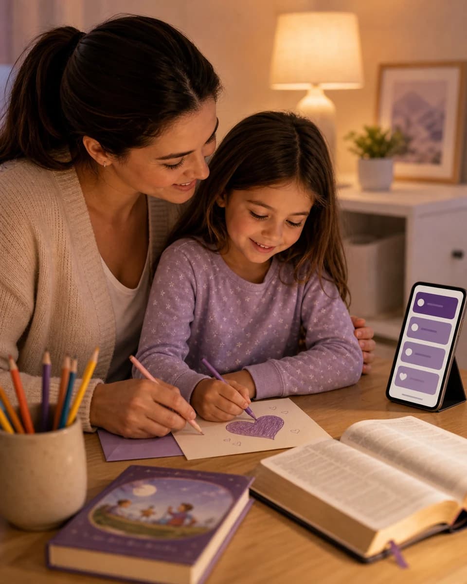 Parent helping a child draw a kindness note after a Little Lights story