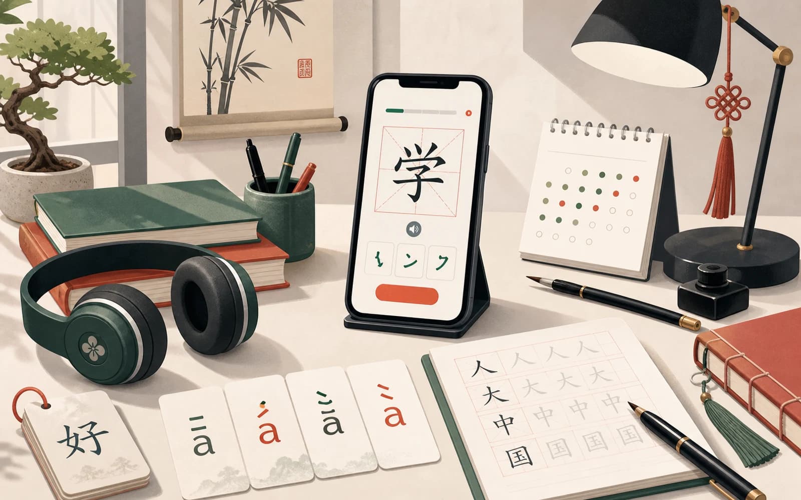 Editorial illustration of Mandarin study materials, pinyin tone cards, and a phone lesson