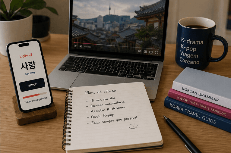 Pessoa brasileira estudando coreano pelo celular em uma mesa com caderno