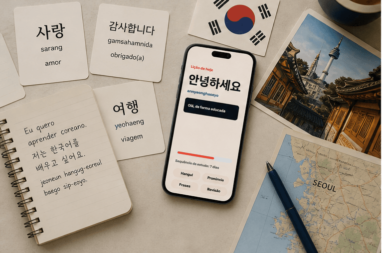 Mesa com cartões de vocabulário coreano, anotações em português, celular com lição e mapa de Seul