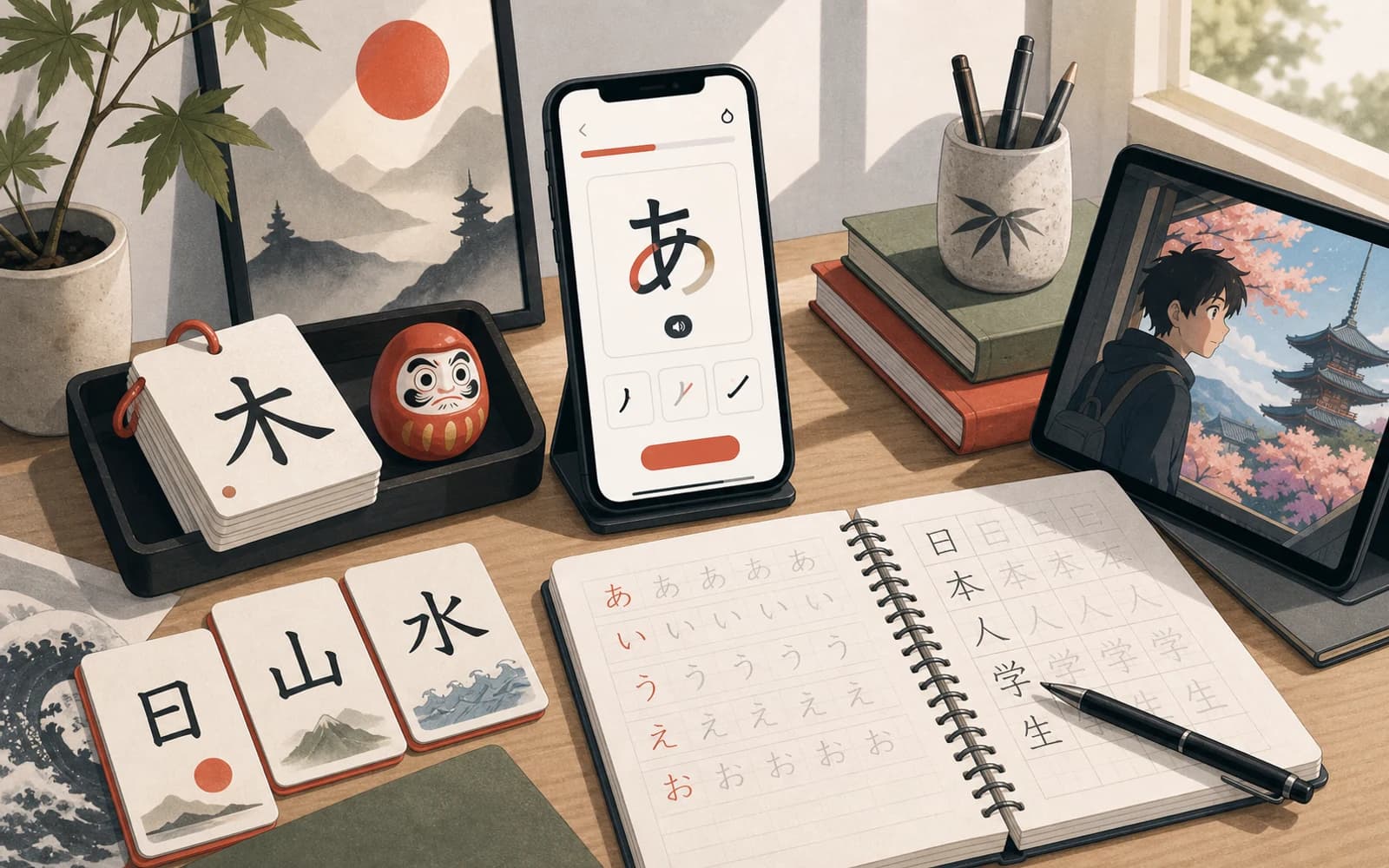 Editorial illustration of Japanese study materials, kana cards, and a phone lesson