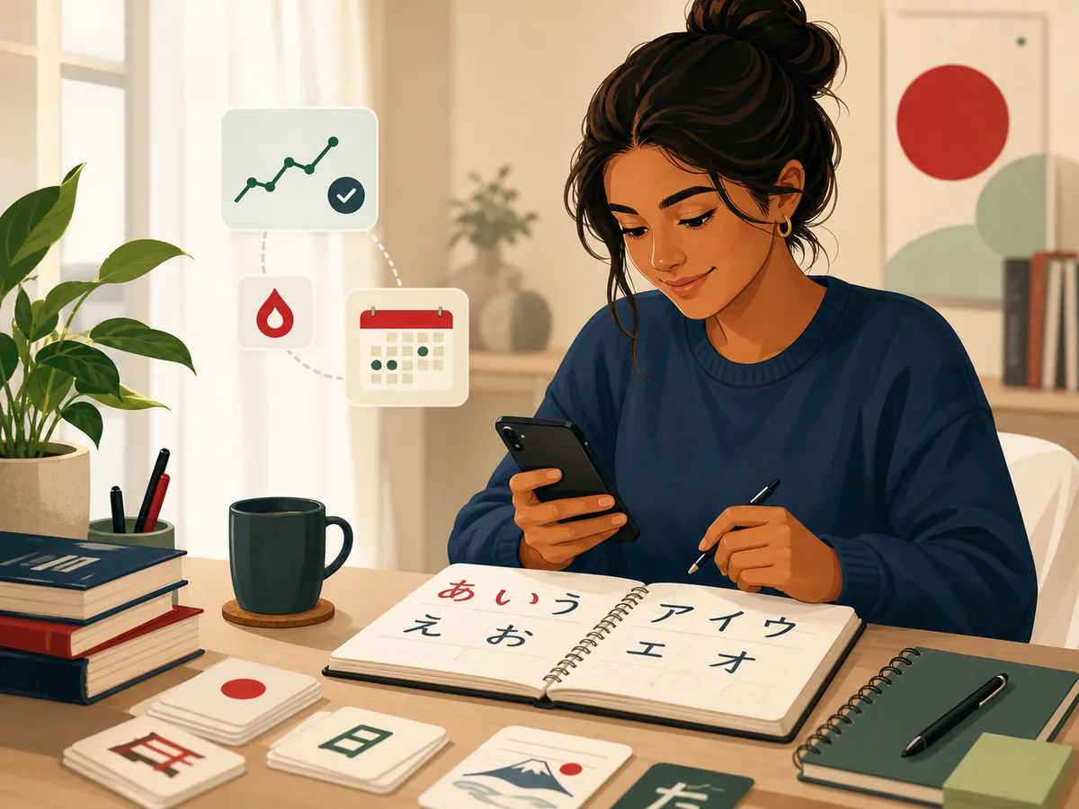 Brasileira estudando japonês pelo celular em uma mesa com caderno de kana