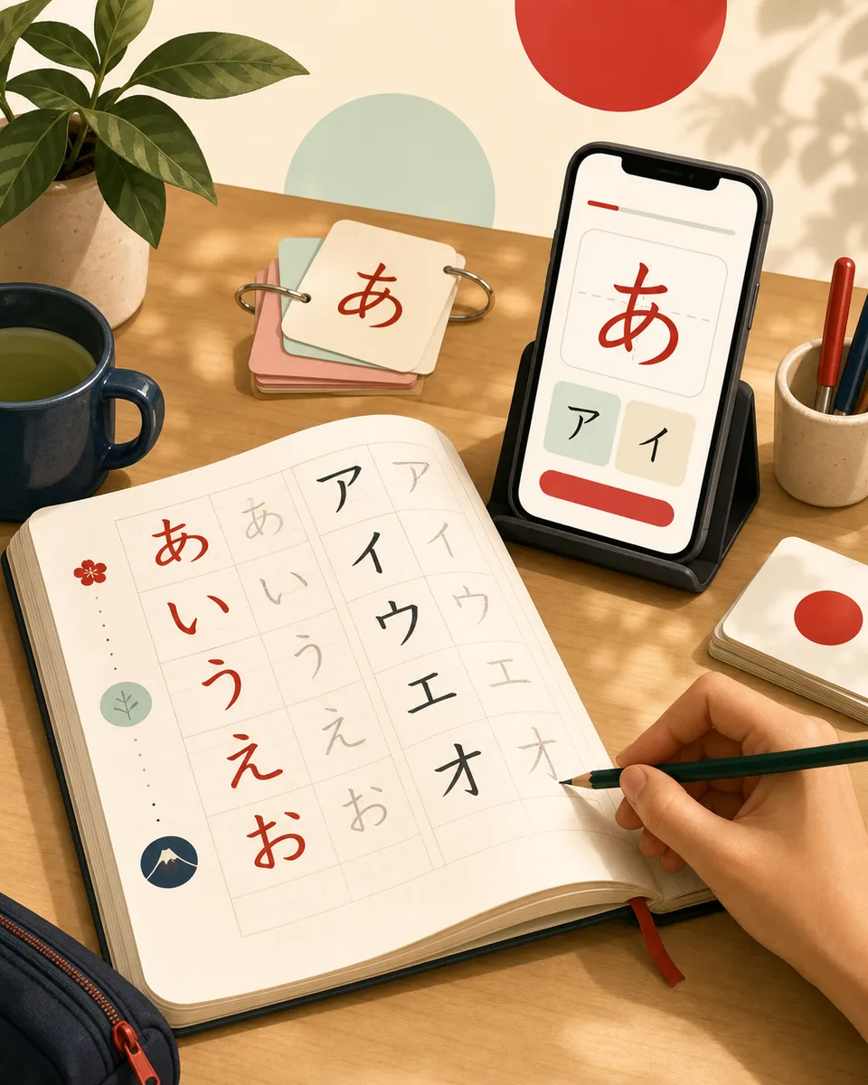 Mesa de estudos com caderno de treino de kana e celular com lição de japonês