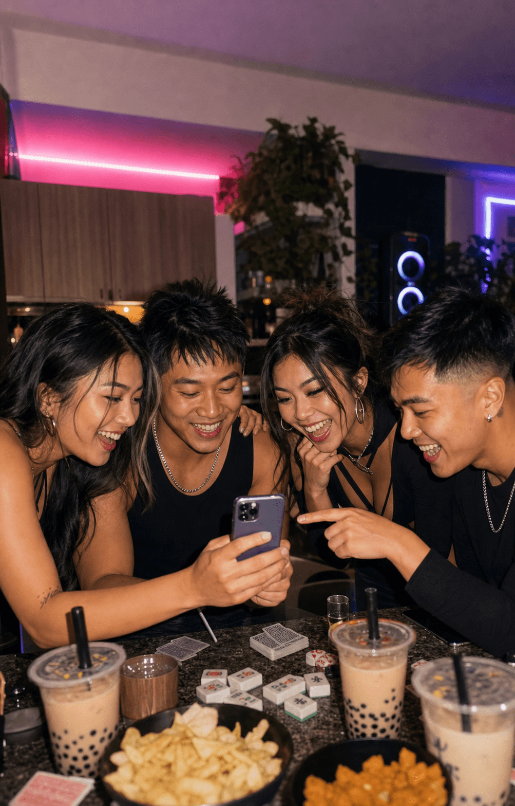 Friends laughing around a phone while playing KANPAI at a house party