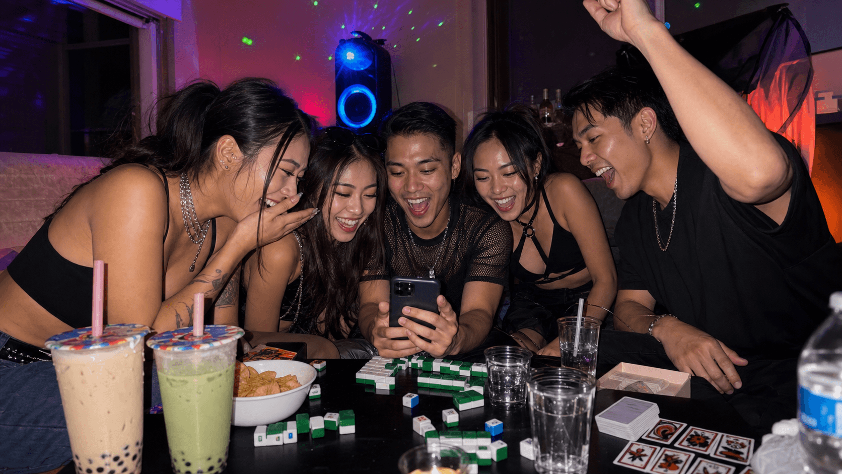 Adultos usando um celular para jogar um jogo cultural ao redor de uma mesa