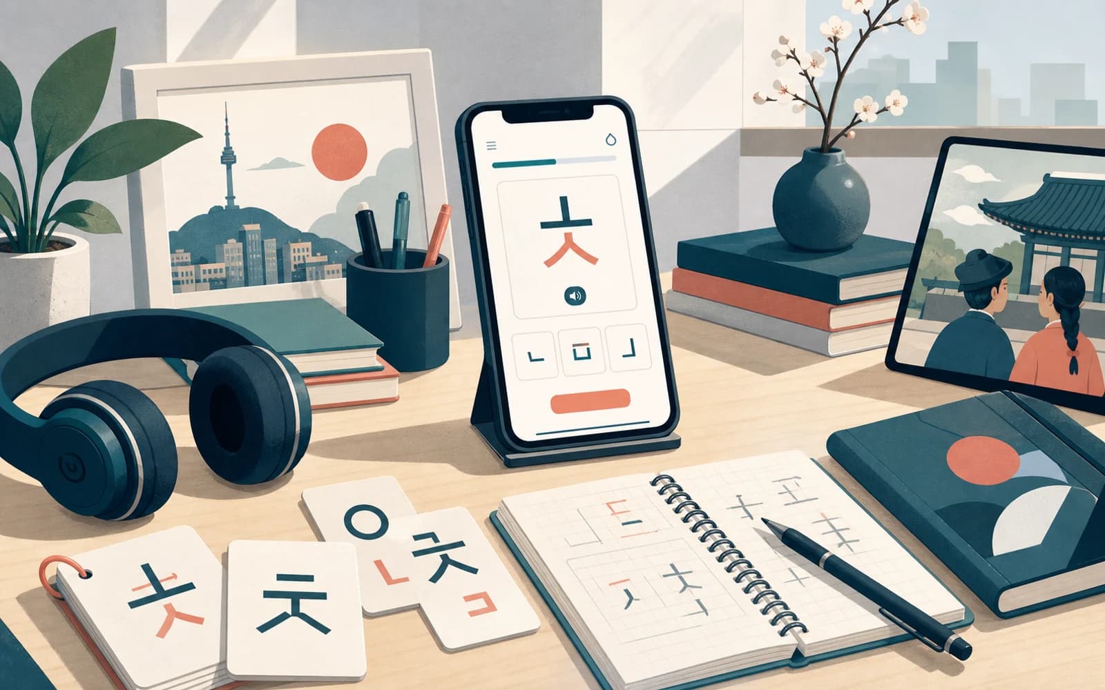 Editorial illustration of Korean study materials, Hangul cards, and a phone lesson