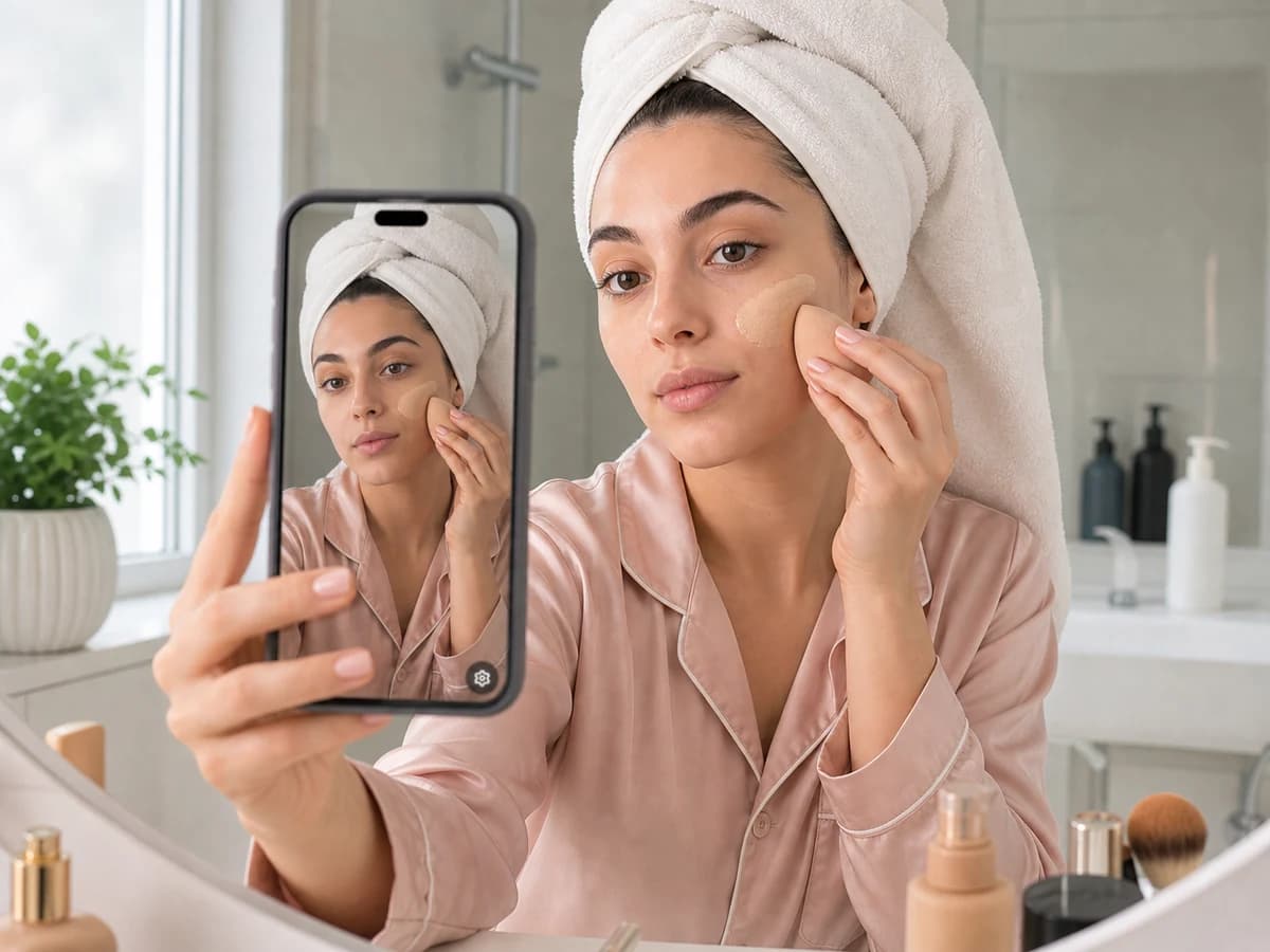Una persona en pijama y con una toalla en la cabeza usa MyMirror como espejo del celular mientras se aplica base.