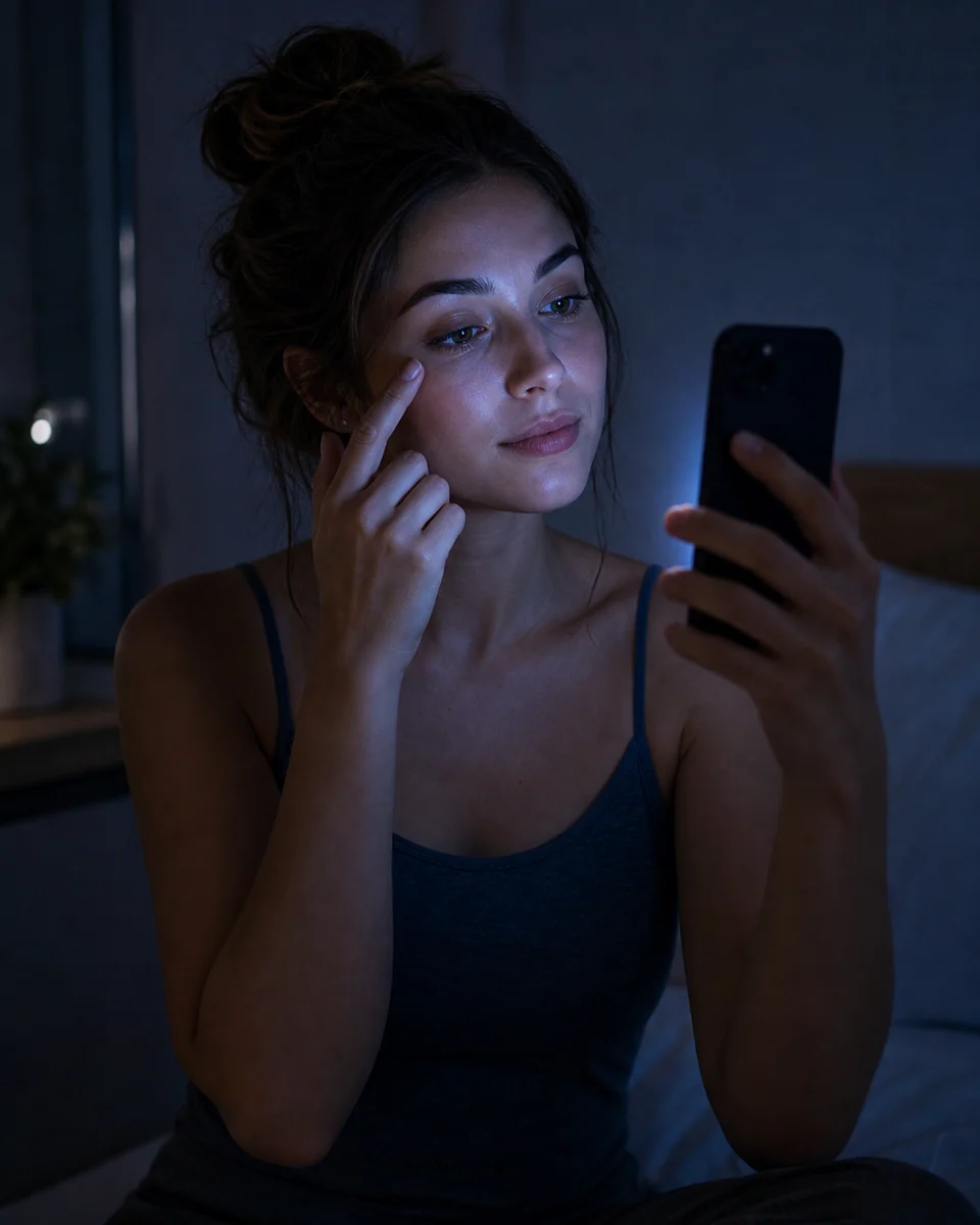 MyMirror in a low-light room with the phone screen helping visibility.