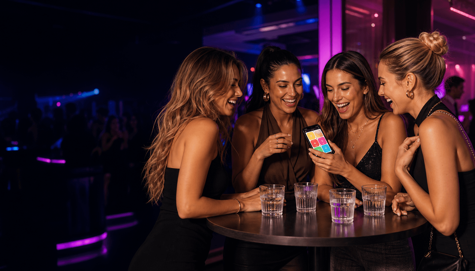 Mulheres sorrindo em uma balada enquanto usam um celular