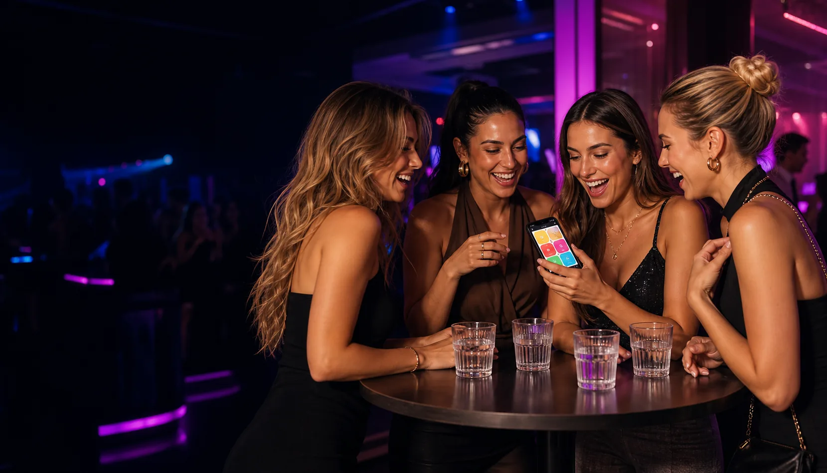 Women smiling at a night party while using a phone